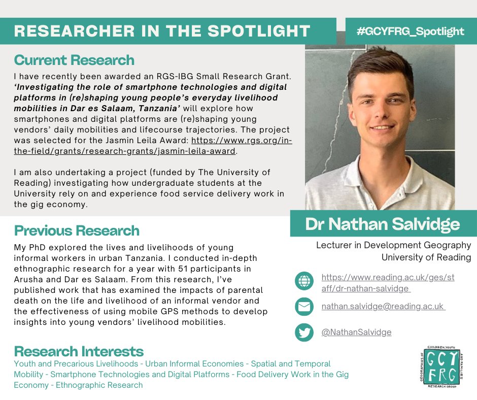 GCYFRG (RGS-IBG) (@gcyfrg) on Twitter photo Introducing our latest #GCYFRG_Spotlight <a href="/NathanSalvidge/">Nathan Salvidge</a>, based at
<a href="/UniofReading/">Uni of Reading</a> <a href="/UniRdg_GES/">UoR - Geography and Environmental Science</a>
His research explores the complex relationship between youth, cities, and precarious livelihoods.
See his full profile here: gcyfrg.wixsite.com/gcyfrg/researc⦠Introducing our latest #GCYFRG_Spotlight <a href="/NathanSalvidge/">Nathan Salvidge</a>, based at
<a href="/UniofReading/">Uni of Reading</a> <a href="/UniRdg_GES/">UoR - Geography and Environmental Science</a>
His research explores the complex relationship between youth, cities, and precarious livelihoods.
See his full profile here: gcyfrg.wixsite.com/gcyfrg/researcā¦