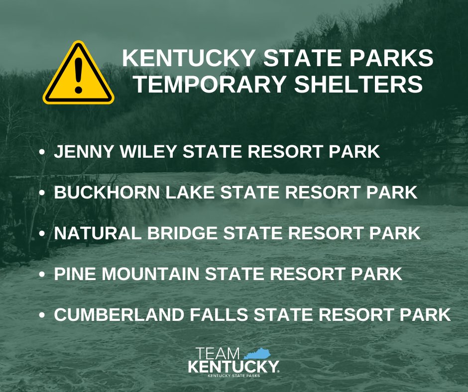 Tourism, Arts, & Heritage Cabinet (@kytahc) on Twitter photo Our Kentucky State Parks are open and ready to assist those displaced by the devastating flooding. Many of our state parks have also been impacted, so please use caution while navigating to our parks. Our Kentucky State Parks are open and ready to assist those displaced by the devastating flooding. Many of our state parks have also been impacted, so please use caution while navigating to our parks.