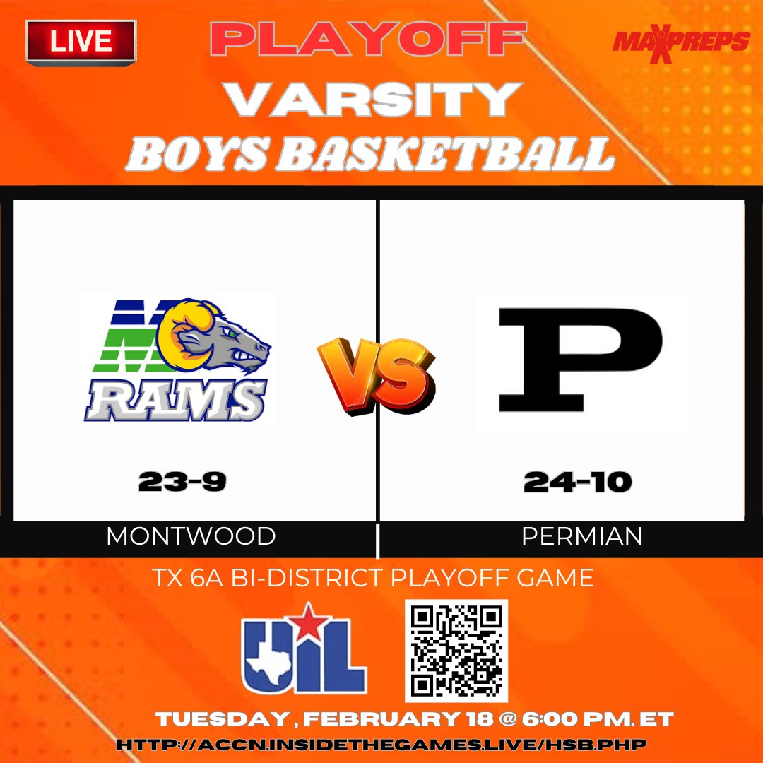 UIL HOOPS (@uilhoopofficial) on Twitter photo 🚨 GAME DAY 🚨
🏀 Varsity Boys Basketball live 2025
Montwood
23-9
🆚
Permian
24-10
🎥 Live Streaming : LINK IN BIO
⏰ Today @ 6:00p.
📍 TX 6A Bi-District Playoff Game
<a href="/_MHSSTUCO/">Montwood HS StuCo</a> <a href="/MontwoodHoops/">Montwood Boys Basketball</a> <a href="/CoachTucker_MHS/">Konner Tucker</a> <a href="/isaiahswervy/">isaiah miranda</a> <a href="/PermianSports/">Odessa Permian Sports</a> 🚨 GAME DAY 🚨
🏀 Varsity Boys Basketball live 2025
Montwood
23-9
🆚
Permian
24-10
🎥 Live Streaming : LINK IN BIO
⏰ Today @ 6:00p.
📍 TX 6A Bi-District Playoff Game
<a href="/_MHSSTUCO/">Montwood HS StuCo</a> <a href="/MontwoodHoops/">Montwood Boys Basketball</a> <a href="/CoachTucker_MHS/">Konner Tucker</a> <a href="/isaiahswervy/">isaiah miranda</a> <a href="/PermianSports/">Odessa Permian Sports</a>