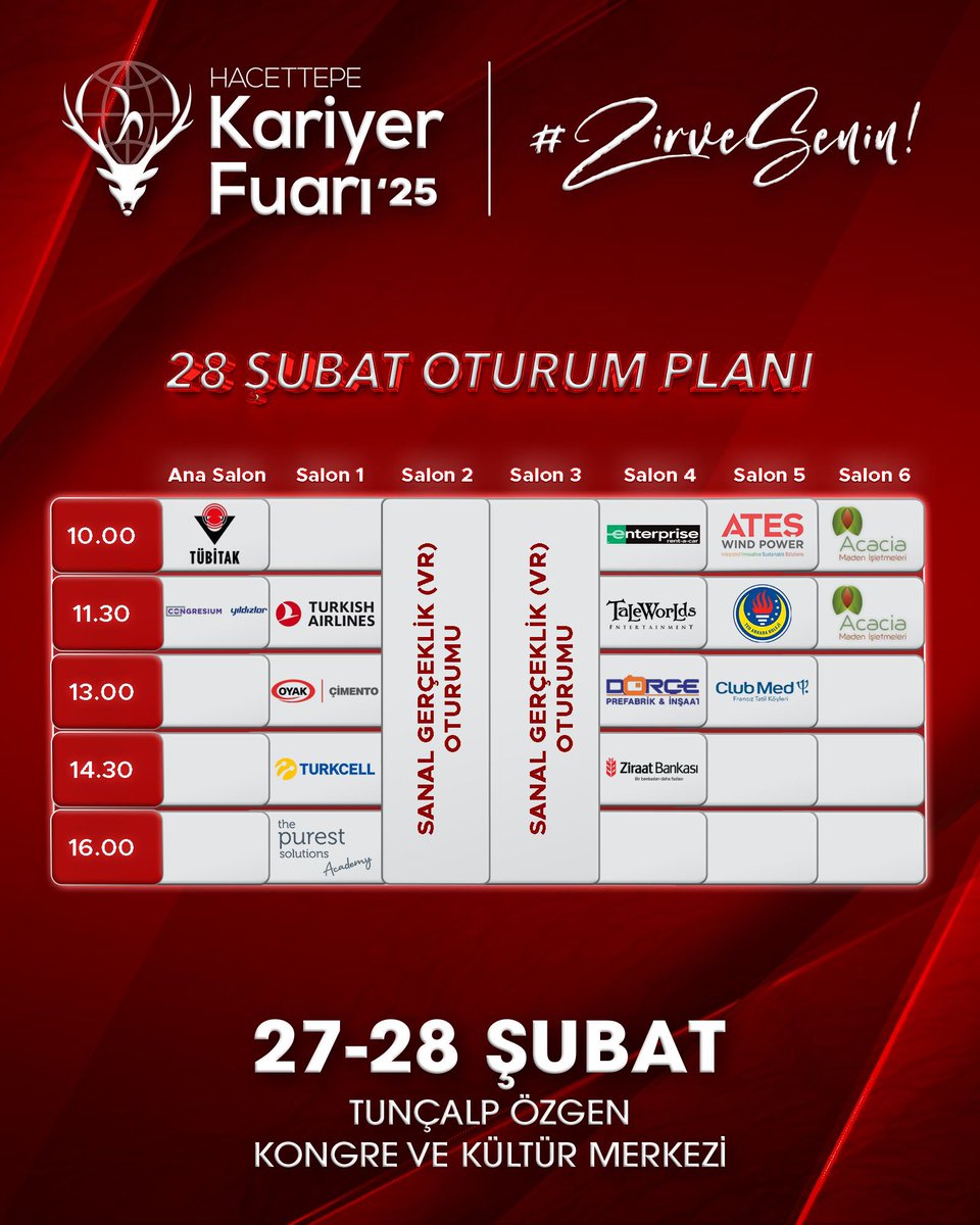 27-28 Şubat tarihlerinde gerçekleşecek olan Hacettepe Kariyer Fuarı’25 genel oturum planıyla karşınızda! 🤩

Fuara HU Kariyer Fuarı mobil uygulaması ve web sitesinden kayıt olabilirsiniz!

Etkinlik tüm üniversite öğrencilerinin ve mezunlarının katılımına açıktır. ✨