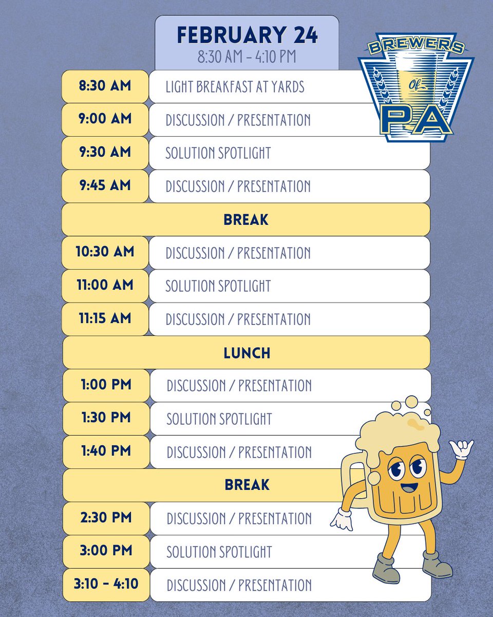 BrewersofPA's tweet photo. It's finally here!

We are more than excited for our annual meeting this weekend! This year's theme is Strategic Solutions. Hosted by Yards Brewing Company, our schedule is packed with incredible discussions, presentations, and beer (of course!).

#annualmeeting2025 https://t.co/sEByJ1qnL8