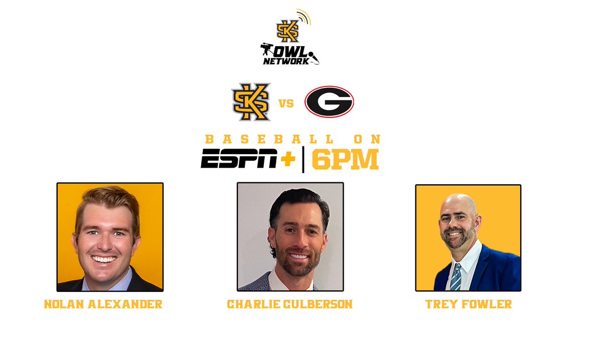 Excited to welcome <a href="/cculberson8/">Charlie Culberson</a> to our team for tonight’s <a href="/KSUOwlsBaseball/">Kennesaw State Baseball</a> broadcast 📺 

Charlie joins <a href="/NolanRAlexander/">Nolan Ryan Alexander</a> and <a href="/stf3333/">Trey Fowler</a> tonight for 🐶🆚🦉

Watch: bit.ly/3EIbl4W

#yOURstory