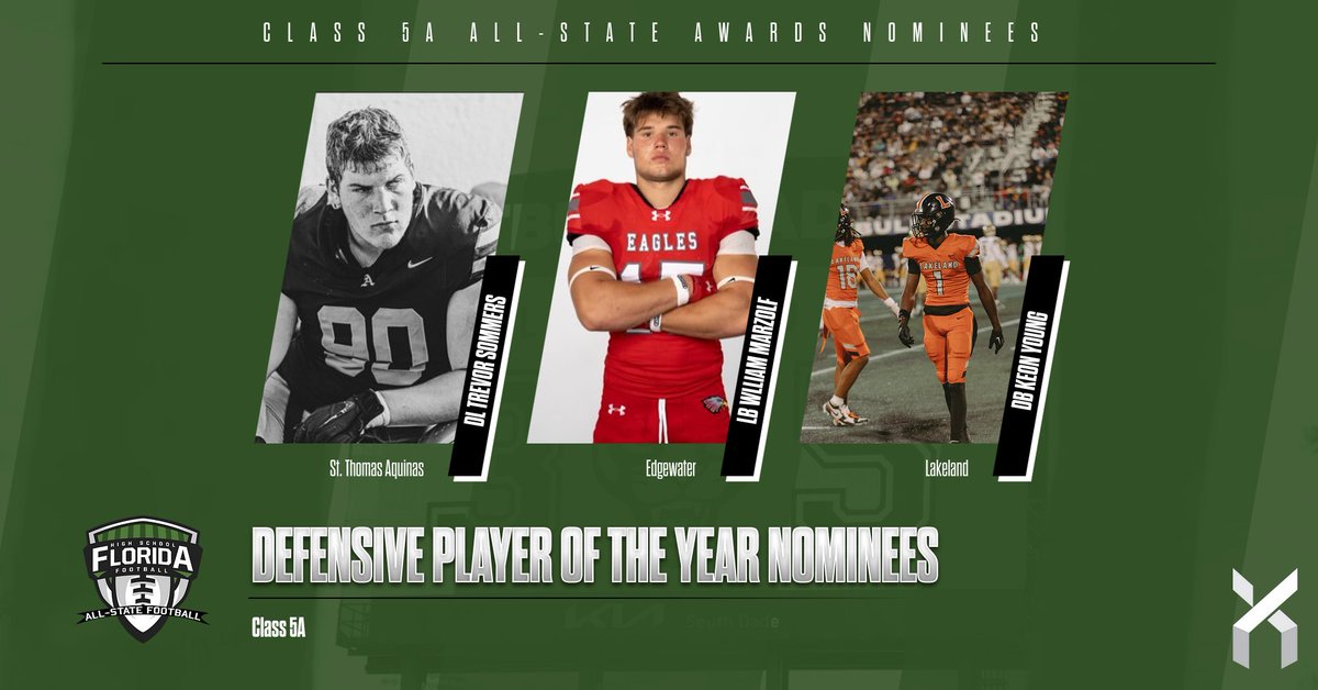FloridaHSFootball.com (@flahsfootball) on Twitter photo 2024 CLASS 5A DEFENSIVE PLAYER OF THE YEAR NOMINEES
• DL Trevor Sommers, St. Thomas Aquinas (Fort Lauderdale), Sr.
• LB William Marzolf, Edgewater (Orlando), Sr.
• DB Keon Young, Lakeland, Sr.
#flhsfb <a href="/FACACoach/">FACA</a> <a href="/FHS7v7A/">FLORIDA HIGH SCHOOL 7v7 ASSOCIATION</a> <a href="/scorestream/">ScoreStream</a> <a href="/HSFBamerica/">High School Football America</a> <a href="/Dwight_XOS/">Dwight Thomas - Catapult Sports</a> <a href="/PrepRedzoneFL/">Prep Redzone Florida</a> 2024 CLASS 5A DEFENSIVE PLAYER OF THE YEAR NOMINEES
• DL Trevor Sommers, St. Thomas Aquinas (Fort Lauderdale), Sr.
• LB William Marzolf, Edgewater (Orlando), Sr.
• DB Keon Young, Lakeland, Sr.
#flhsfb <a href="/FACACoach/">FACA</a> <a href="/FHS7v7A/">FLORIDA HIGH SCHOOL 7v7 ASSOCIATION</a> <a href="/scorestream/">ScoreStream</a> <a href="/HSFBamerica/">High School Football America</a> <a href="/Dwight_XOS/">Dwight Thomas - Catapult Sports</a> <a href="/PrepRedzoneFL/">Prep Redzone Florida</a>