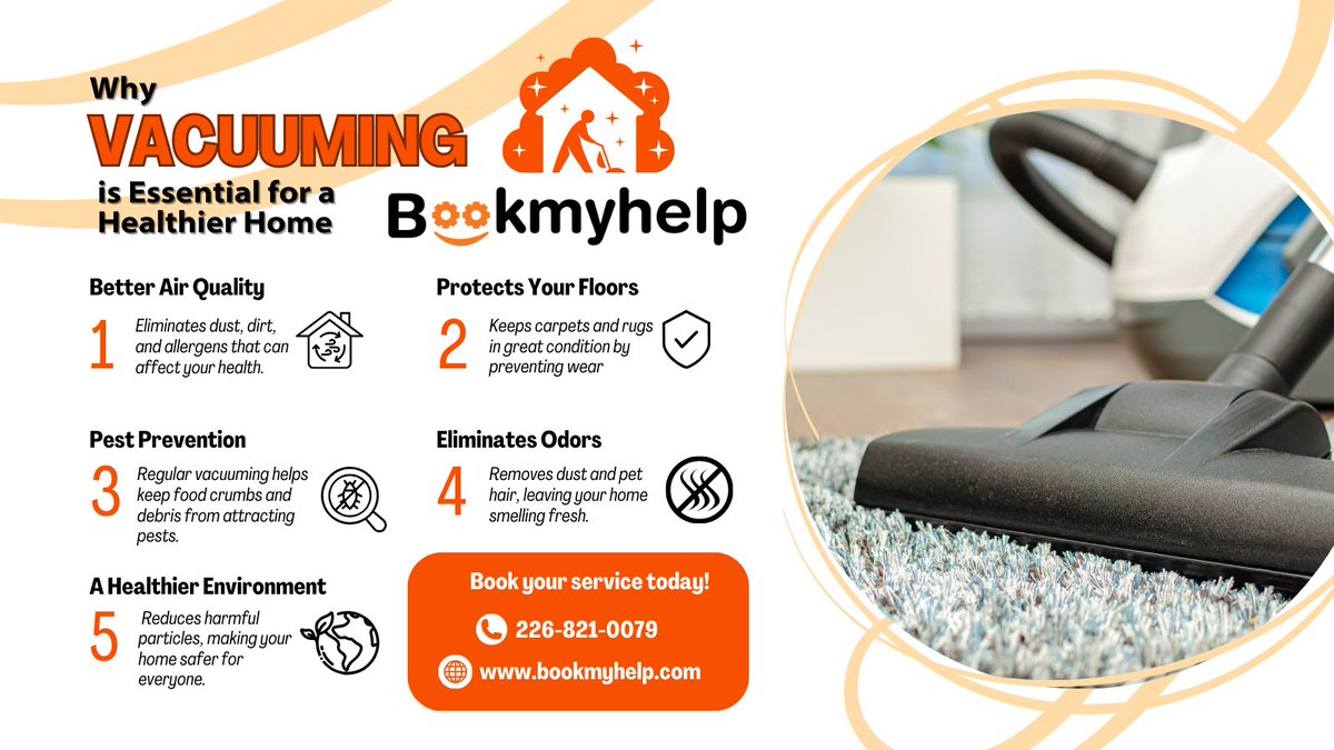 Why Vacuuming is Essential
Vacuuming improves air quality, prevents pests, and keeps your home fresh.
✨ Call 226-821-0079 or visit bookmyhelp.com to book in the GTA!
#Cleaning #HealthyHome #GTA