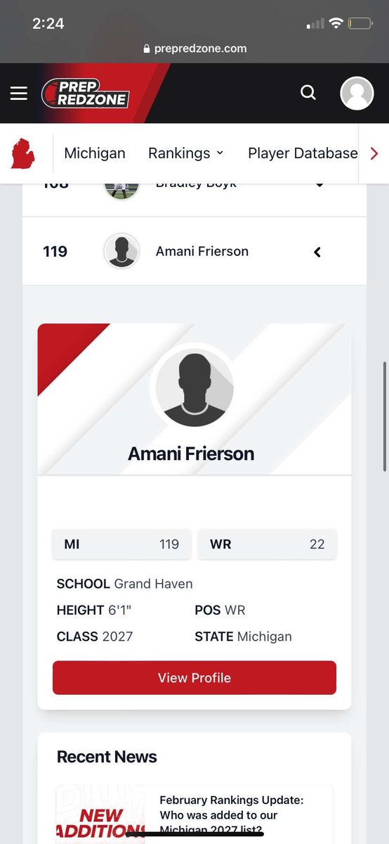 Amani Frierson 6,2 178 WR 2027 (@friersonamani) on Twitter photo Blessed to be ranked 119 in the state for the class of 2027 and top 25 for my position looking to keep growing for an explosive junior season!
<a href="/CoachCarsonWR/">Nate Carson</a> <a href="/coachbieds/">Andrew Biedenbender</a> <a href="/TheD_Zone/">The D Zone</a> <a href="/AllenTrieu/">Allen Trieu</a> <a href="/PrepRedzoneMI/">Prep Redzone Michigan</a> <a href="/alex_pallone/">Alex Pallone</a> Blessed to be ranked 119 in the state for the class of 2027 and top 25 for my position looking to keep growing for an explosive junior season!
<a href="/CoachCarsonWR/">Nate Carson</a> <a href="/coachbieds/">Andrew Biedenbender</a> <a href="/TheD_Zone/">The D Zone</a> <a href="/AllenTrieu/">Allen Trieu</a> <a href="/PrepRedzoneMI/">Prep Redzone Michigan</a> <a href="/alex_pallone/">Alex Pallone</a>