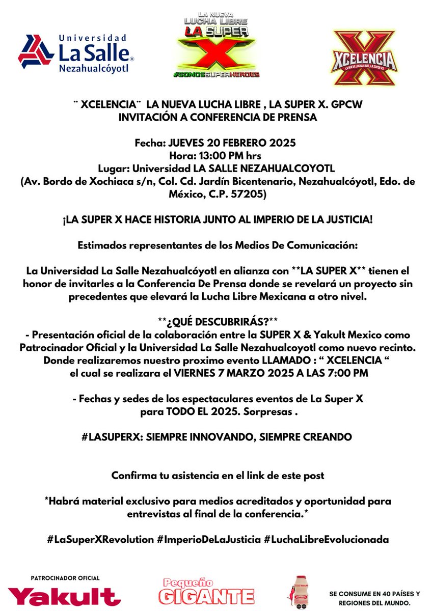 🔴 #ConferenciaDePrensa 🔥JUEVES 20 FEBRERO'25🕐13:00 PM dentro de las Instalaciones de🏛️UNIVERSIDAD #LaSalle Nezahualcóyotl ubicada en Bordo De Xochiaca s/n Mz.Polígono 4 Lt 2B Col. CiudadJardín Bicentenario
⭐Registro👇🏻
forms.office.com/r/XUejqQzj87
 #LuchaLibre #LuchaLibreMexicana