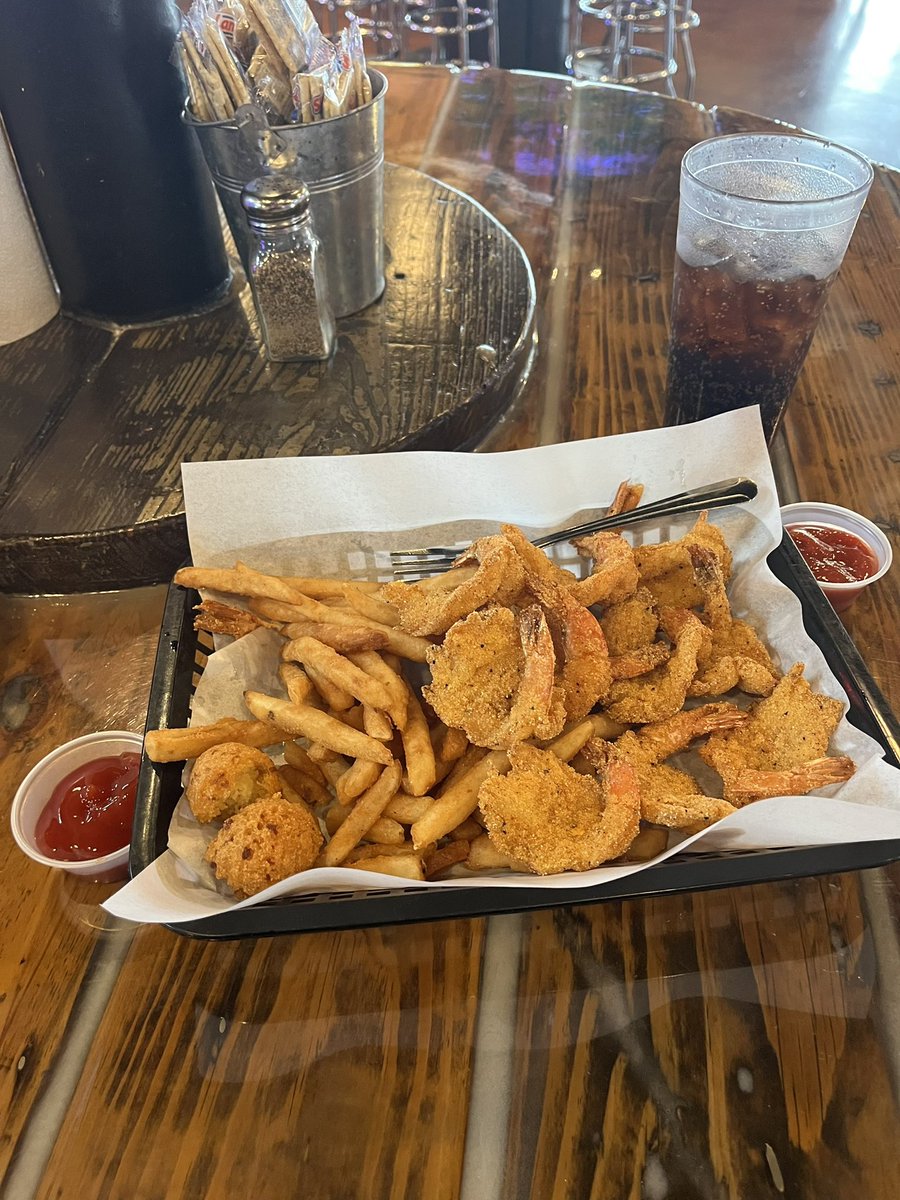 Dozen fried shrimp, hush puppies, and fries. It’s what’s for lunch at Shuck Me Denton!