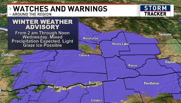 wxguymike's tweet image. 🚨 Winter Weather Advisory 🚨

From 2 AM to Noon PST Wednesday. Mixed precipitation expected, but my confidence in this forecast isn’t super high. Temps are the wildcard!

A warm front should bring mostly rain, but if cold air sticks around, there’s a slight chance of frzng rain.