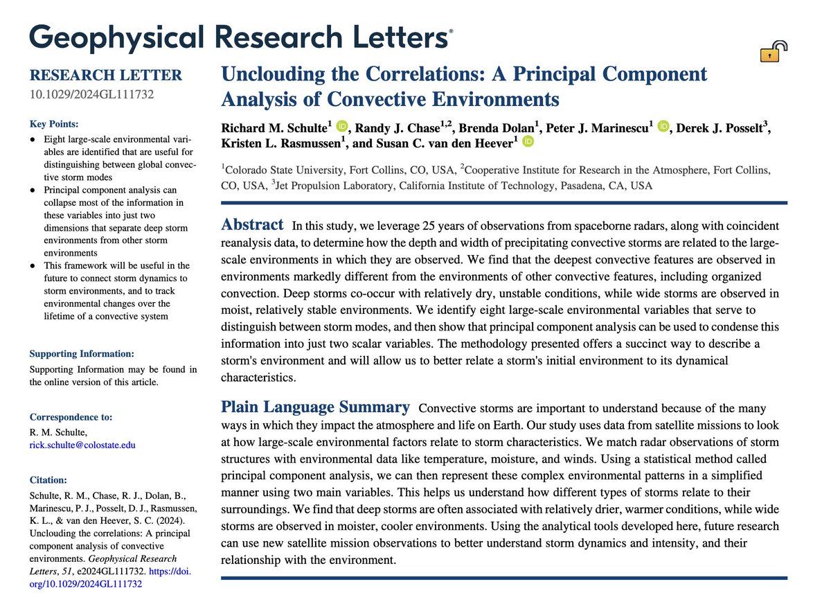 AGUPrecip's tweet photo. New #sciencehighlights for February! Schulte et al., 2024 Unclouding the Correlations: A Principal Component Analysis of Convective Environments
Read the summary on our website: https://t.co/hw54rB5hLt https://t.co/7OCvyNeqAa
