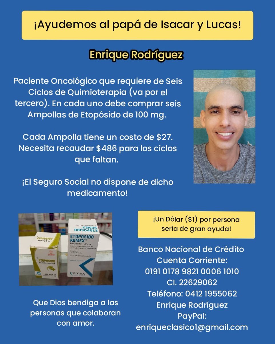 Enrique es un paciente oncológico que se encuentra en el tercer de seis ciclos de quimioterapia y tiene que reunir para comprar las ampollas para los ciclos que le falta. Enrique papás de dos niños y quiere recuperar su salud para seguir adelante. Todo apoyo para él. Es