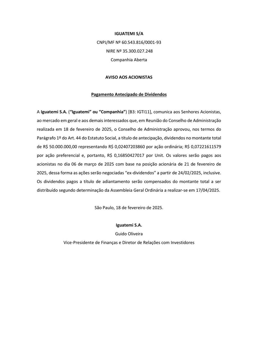 AvisosDaBolsa's tweet photo. IGUATEMI S.A. - Dividendos/Juros sobre Capital Próprio; Guidance 2025 #IGTA3 #DIVIDENDO #JCP https://t.co/m1gFI7tCiq