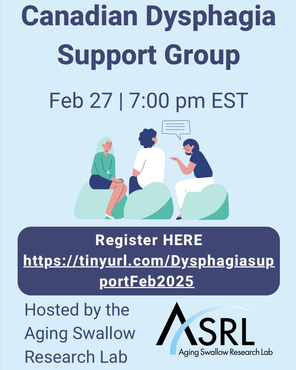 The Aging Swallow Research Lab will be hosting another virtual Canadian Dysphagia Support Group for adults with dysphagia and their caregivers on Thursday, February 27
at 7:00PM EST.🙌🏻

Those interested can register for the free session by visiting the link in our bio!
