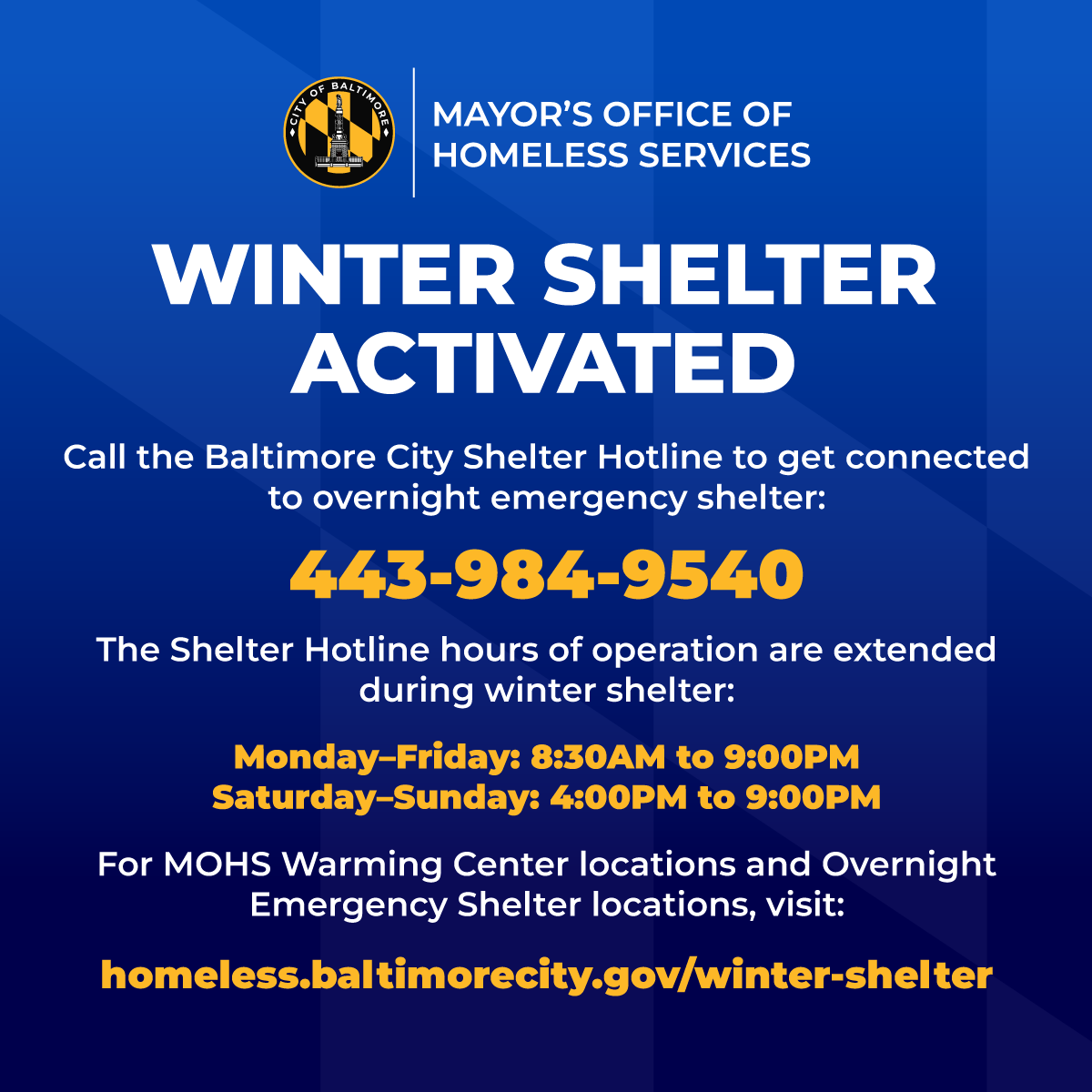 Brandon M. Scott (@mayorbmscott) on Twitter photo We’re taking extra steps to protect our most vulnerable residents as Code Blue is in effect. If you see someone in need of shelter, call 443-984-9540 to find shelter and resources. 
Stay warm and stay safe, Baltimore. We’re taking extra steps to protect our most vulnerable residents as Code Blue is in effect. If you see someone in need of shelter, call 443-984-9540 to find shelter and resources. 
Stay warm and stay safe, Baltimore.