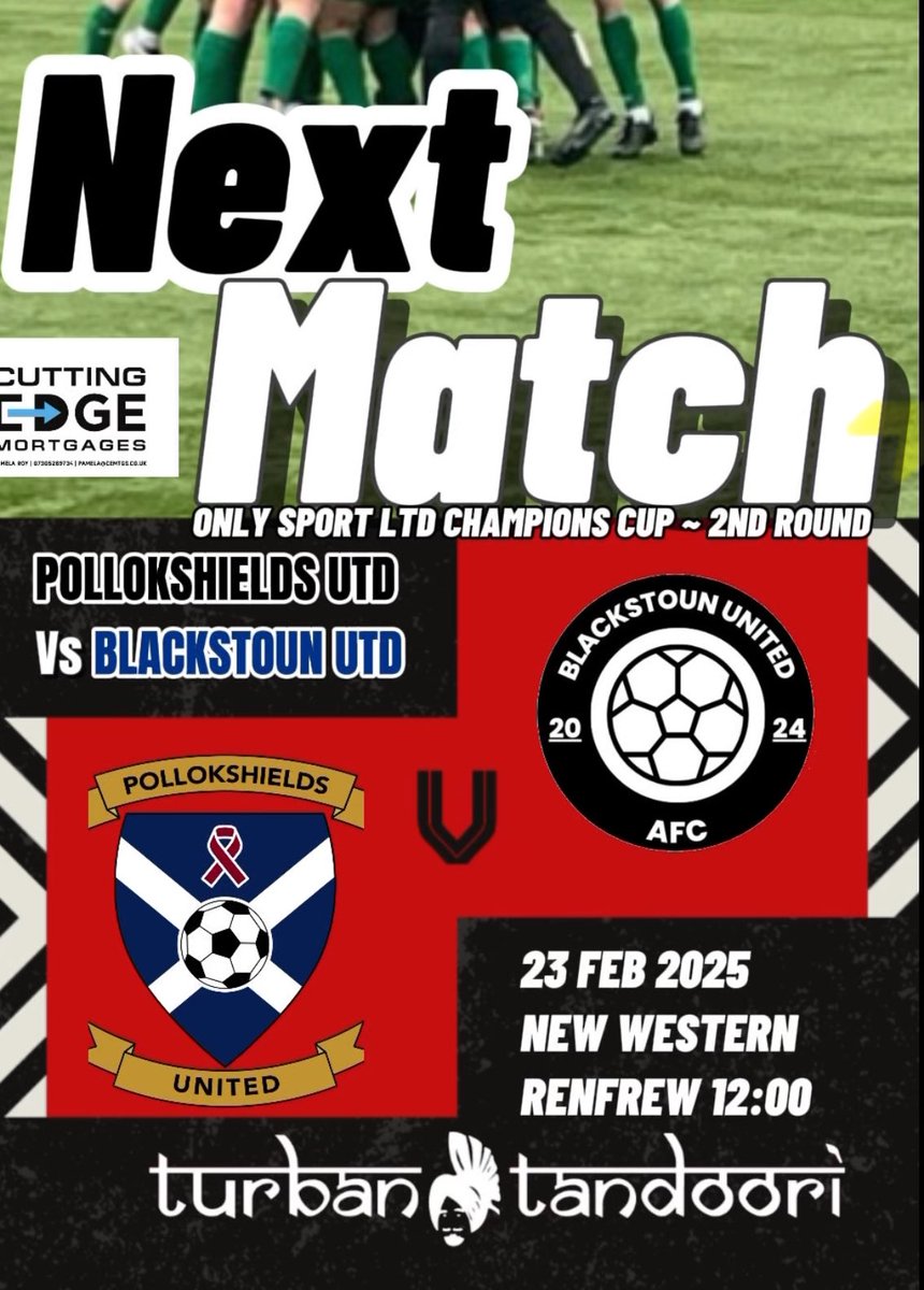 Pollokshields Utd FC (@pshieldsutd) on Twitter photo Next Match >>>
🏆 <a href="/OnlySportLTD1/">Only Sport LTD</a> Champions Cup
⚽️ @BlackstounUtd
🗓️ Sun 23rd Feb 2025
⏰ 12:00 Kick Off
🏟️ New Western, Renfrew
#cmontheshields
<a href="/GDSFC2008/">GDSFC</a> <a href="/SnJsFootyFocus/">FOOTY FOCUS</a> <a href="/scottish_aff/">AmateurFixturesResultsSCO</a> Next Match >>>
🏆 <a href="/OnlySportLTD1/">Only Sport LTD</a> Champions Cup
⚽️ @BlackstounUtd
🗓️ Sun 23rd Feb 2025
⏰ 12:00 Kick Off
🏟️ New Western, Renfrew
#cmontheshields
<a href="/GDSFC2008/">GDSFC</a> <a href="/SnJsFootyFocus/">FOOTY FOCUS</a> <a href="/scottish_aff/">AmateurFixturesResultsSCO</a>