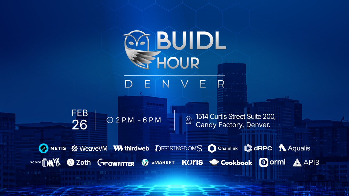 🦉 Don't miss Metis BUIDL Hour, taking place during ETHDenver, offering you an opportunity to grow your Web3 developer skill set. 👨‍💻

Gain experience building on Metis🌿 with workshops from our partners at @API3DAO, <a href="/chainlink/">Chainlink</a>, <a href="/cookbook_dev/">Cookbook.dev 🧑‍🍳</a>, @drpcorg, <a href="/ormilabs/">Ormi</a>, <a href="/thirdweb/">thirdweb</a>, and