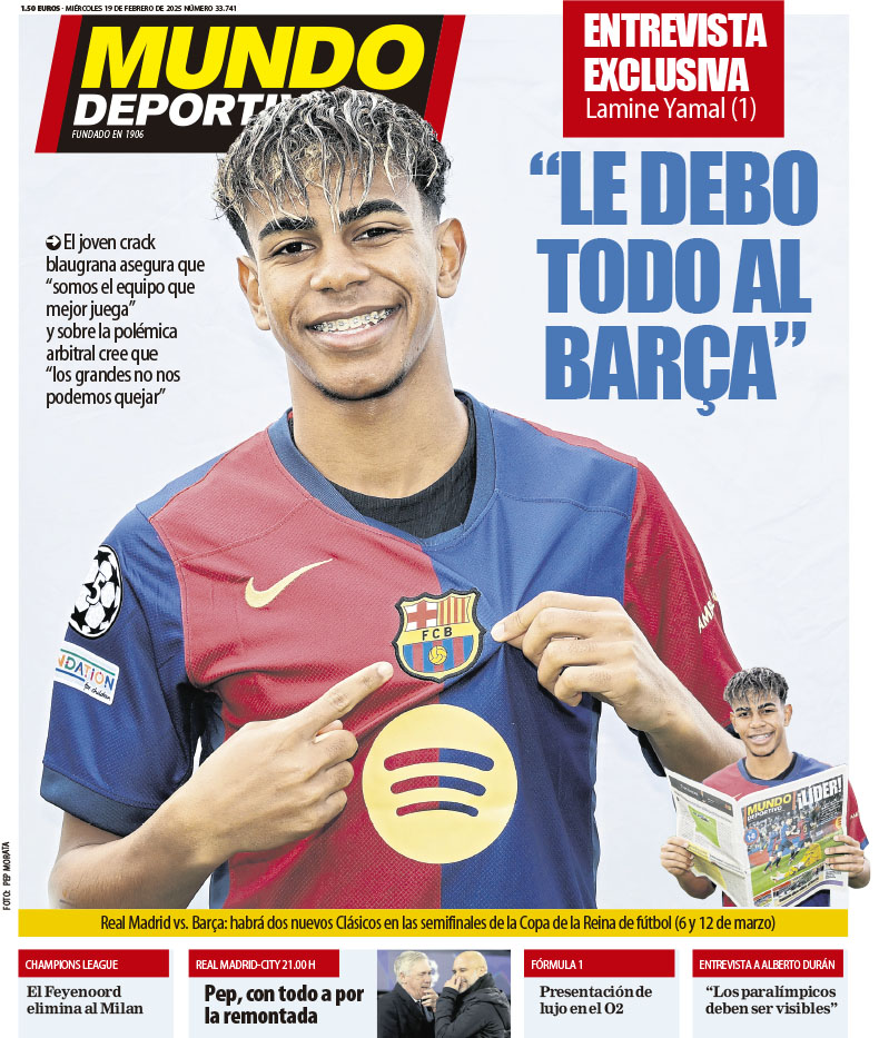 mundodeportivo's tweet photo. 🗞️ #PortadaMD 

💥 𝗘𝗻𝘁𝗿𝗲𝘃𝗶𝘀𝘁𝗮 𝗲𝘅𝗰𝗹𝘂𝘀𝗶𝘃𝗮 𝗮 𝗟𝗮𝗺𝗶𝗻𝗲 𝗬𝗮𝗺𝗮𝗹

💙❤️ "Le debo todo al Barça" https://t.co/RFPuoplUbY