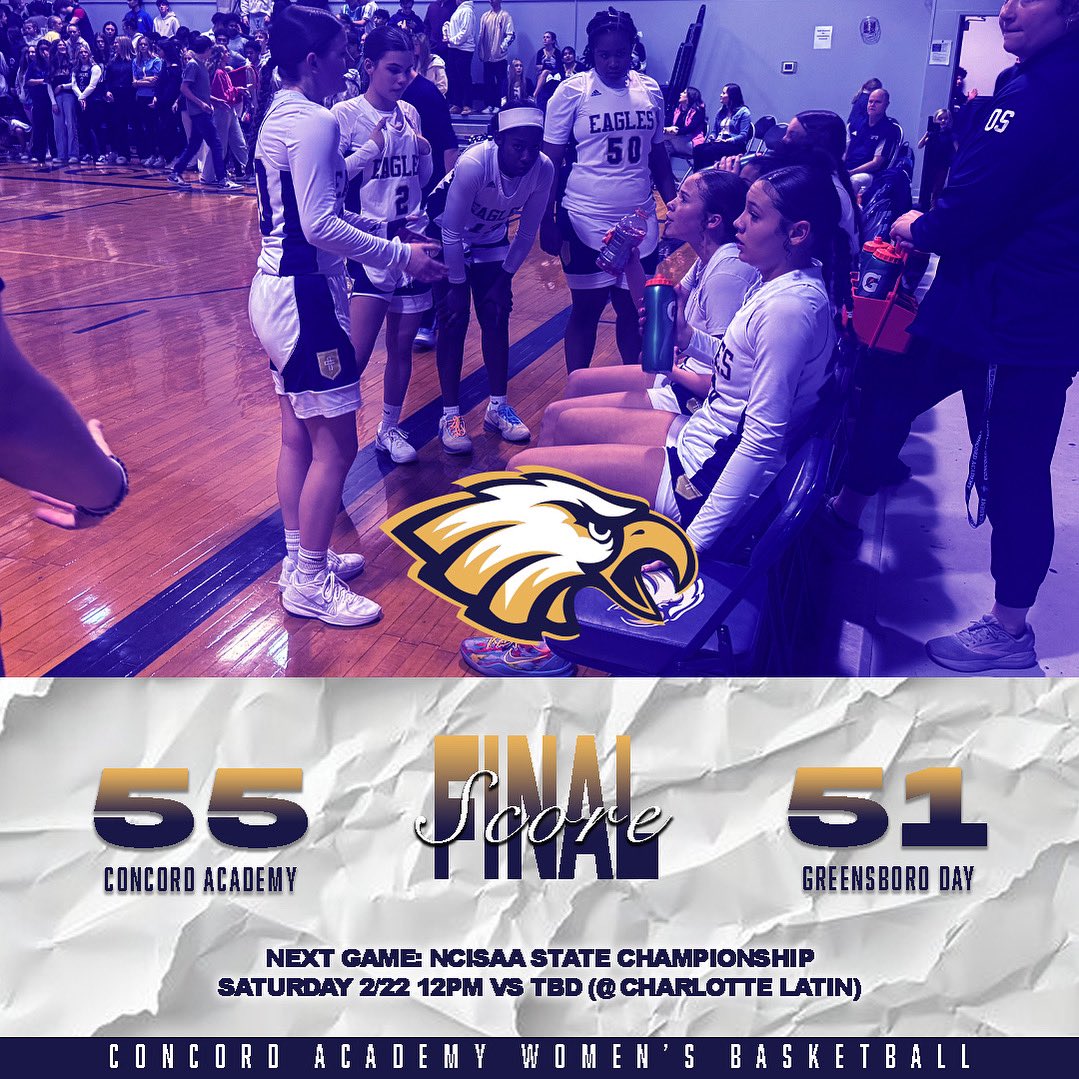 Concord Academy WBB (@caeagleswbb) on Twitter photo FINAL
<a href="/CAEaglesWBB/">Concord Academy WBB</a> (26-6) 55
<a href="/GreensboroDay/">Greensboro Day School</a> 51
‘28 <a href="/theJustice1523/">Justice Alexander</a> 30p
‘29 <a href="/quinnhicks2029/">Quinn Hicks</a> 8p
‘26 <a href="/taysmith2008/">Taylor Smith</a> 7p
‘28 <a href="/faithbekich/">Faith Bekich</a> 5p
‘27 <a href="/avataylor24/">ava</a> 3p
‘26 <a href="/J_A_Y_L_A/">jayla brower</a> 2p
*Full stats to follow
Next Up: <a href="/NCISAA1/">NCISAA</a> State Championship 2/22 12pm vs TBD (@ Charlotte Latin) FINAL
<a href="/CAEaglesWBB/">Concord Academy WBB</a> (26-6) 55
<a href="/GreensboroDay/">Greensboro Day School</a> 51
‘28 <a href="/theJustice1523/">Justice Alexander</a> 30p
‘29 <a href="/quinnhicks2029/">Quinn Hicks</a> 8p
‘26 <a href="/taysmith2008/">Taylor Smith</a> 7p
‘28 <a href="/faithbekich/">Faith Bekich</a> 5p
‘27 <a href="/avataylor24/">ava</a> 3p
‘26 <a href="/J_A_Y_L_A/">jayla brower</a> 2p
*Full stats to follow
Next Up: <a href="/NCISAA1/">NCISAA</a> State Championship 2/22 12pm vs TBD (@ Charlotte Latin)