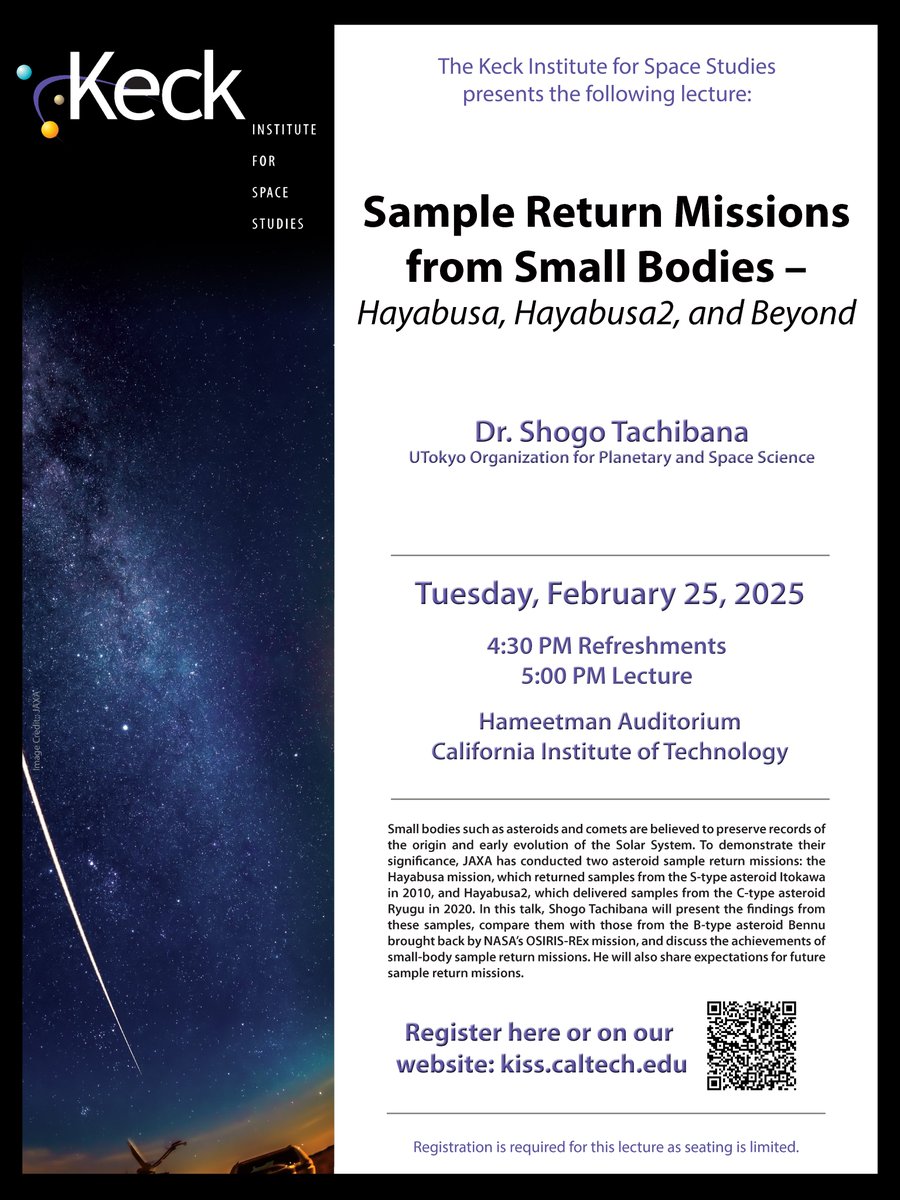 Join us next week for <a href="/ShogoCitrus/">橘 省吾 | Shogo Tachibana</a>'s talk "Sample Return Missions from Small Bodies - Hayabusa, Hayabusa2, and Beyond".

📅February 25th from 4:30pm  
📷Hameetman Auditorium,<a href="/Caltech/">Caltech</a>

Full details on the KISS website: kiss.caltech.edu/lectures/2025_… 

RSVP here: bit.ly/2025_Tachibana