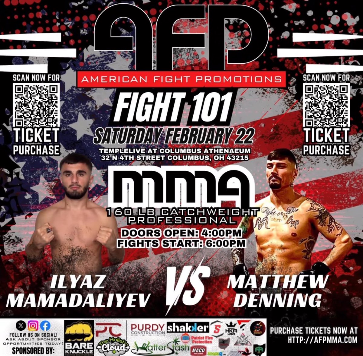 AFP_MMA's tweet photo. 🔥FIGHT ANNOUNCEMENT🔥

🚨 #AFP101: February 22🚨
📍 TempleLive at Columbus Athenaeum, Columbus, OH
👊160 LB Catchweight PRO BOUT👊

🇹🇷ILYAZ MAMADALIYEV vs 🇺🇸MATTHEW DENNING

🏟 Doors Open: 4:00 PM
🥊 Fights Start: 6:00 PM https://t.co/nAkgCZ6PUC