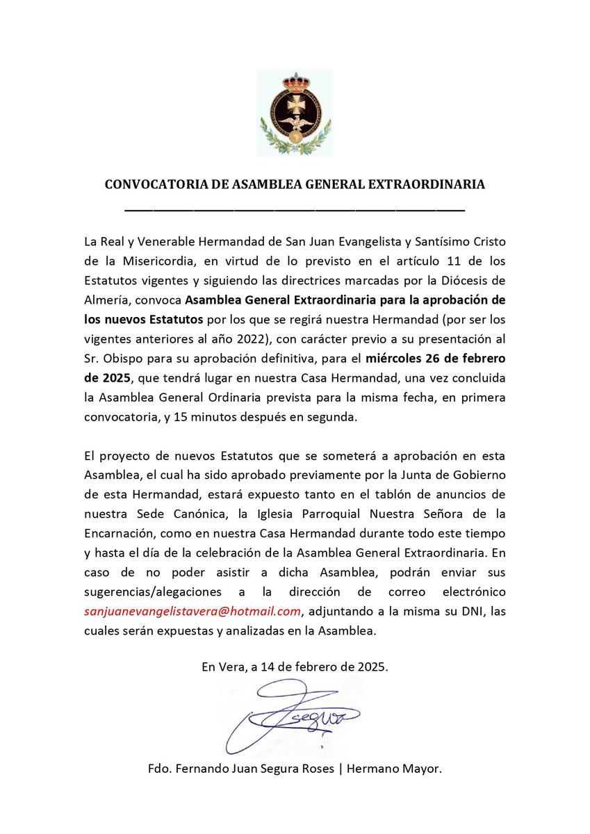✝️ 𝐂𝐎𝐍𝐕𝐎𝐂𝐀𝐓𝐎𝐑𝐈𝐀 𝐃𝐄 𝐀𝐒𝐀𝐌𝐁𝐋𝐄𝐀 𝐆𝐄𝐍𝐄𝐑𝐀𝐋.

🗓️ Miércoles 26 de febrero de 2025. 
🕣 20:30h (1a convocatoria) y 20:45h (2a). 
📍 Casa Hermandad.