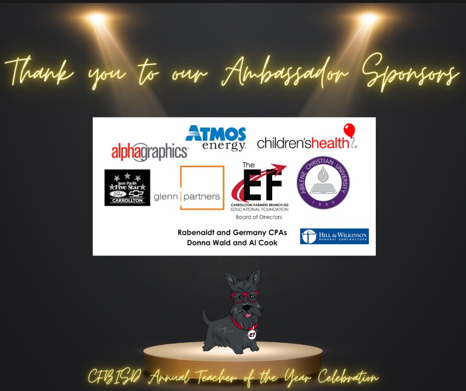 CFBEducationalFoundation (@cfbisdef) on Twitter photo We also want to thank these additional Ambassador Sponsors <a href="/alpha376/">AlphaGraphics of Carrollton</a> and Hill & Wilkinson General Contractors. There's still room for you too! Sponsorship opportunities are closing at the end of February: cfbisd.edu/.../education.… #teacheroftheyear #SupportEducation We also want to thank these additional Ambassador Sponsors <a href="/alpha376/">AlphaGraphics of Carrollton</a> and Hill & Wilkinson General Contractors. There's still room for you too! Sponsorship opportunities are closing at the end of February: cfbisd.edu/.../education.… #teacheroftheyear #SupportEducation