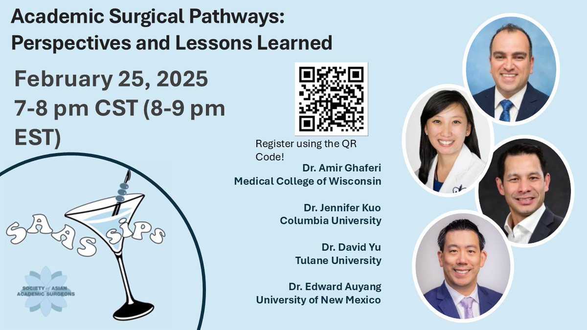 SocAsianAcadSurg (@asianacadsurg) on Twitter photo Join us for the February ’25 SAAS Sips event: Academic Surgical Pathways: Perspectives & Lessons Learned
Feb 25, 2025 | 🕖 7-8pm CST
Moderated by <a href="/EdwardAuyang/">Edward Auyang</a> with <a href="/AmirGhaferi/">Amir A. Ghaferi</a>, <a href="/JenniferKuo5/">Jennifer Kuo</a>, & David Yu.
Register here: bit.ly/4gIyfGx Join us for the February ’25 SAAS Sips event: Academic Surgical Pathways: Perspectives & Lessons Learned
Feb 25, 2025 | 🕖 7-8pm CST
Moderated by <a href="/EdwardAuyang/">Edward Auyang</a> with <a href="/AmirGhaferi/">Amir A. Ghaferi</a>, <a href="/JenniferKuo5/">Jennifer Kuo</a>, & David Yu.
Register here: bit.ly/4gIyfGx