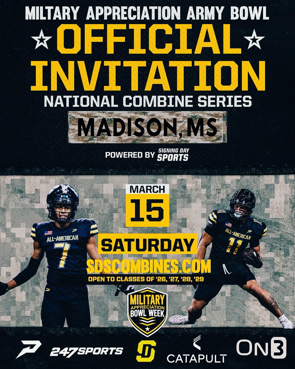 Lawrence Hopkins (@lawrenchopkins) on Twitter photo 2nd ANNUAL MILITARY APPRECIATION U.S. ARMY ALL-AMERICAN BOWL COMBINE SERIES- MADISON CENTRAL HIGH - MADISON, MS – MARCH 15TH
sdscombines.com/products/2025-…
$25 off discount code to for early registration. Code: “EARLYREG25”
<a href="/ChadSimmons_/">ChadSimmons</a> <a href="/samspiegs/">Sam Spiegelman</a> <a href="/SWiltfong_/">Steve Wiltfong</a> <a href="/TomLoy247/">Tom Loy</a> 2nd ANNUAL MILITARY APPRECIATION U.S. ARMY ALL-AMERICAN BOWL COMBINE SERIES- MADISON CENTRAL HIGH - MADISON, MS – MARCH 15TH
sdscombines.com/products/2025-…
$25 off discount code to for early registration. Code: “EARLYREG25”
<a href="/ChadSimmons_/">ChadSimmons</a> <a href="/samspiegs/">Sam Spiegelman</a> <a href="/SWiltfong_/">Steve Wiltfong</a> <a href="/TomLoy247/">Tom Loy</a>