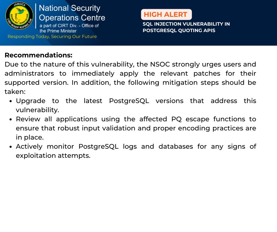cirtgovjm's tweet image. Alert ! 🚨A high-severity vulnerability (CVE-2025-1094, CVSS 8.1) in PostgreSQL, due to improper quoting syntax in several libpq functions, is actively being exploited—update your systems immediately!  #CyberSecurity #PostgreSQL #VulnerabilityAlert