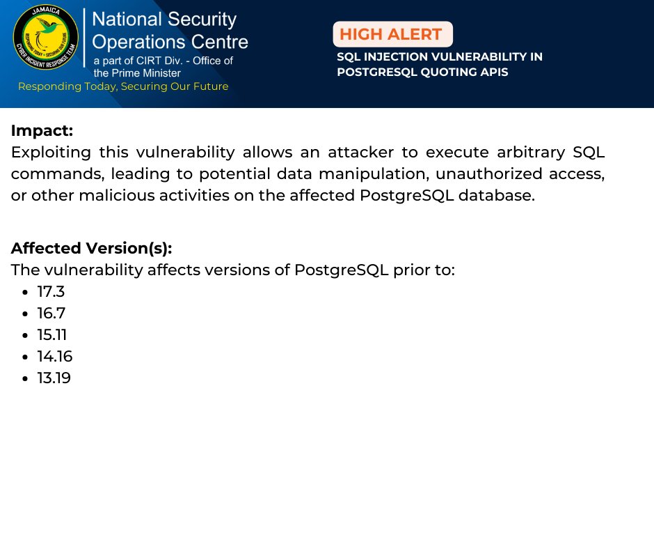 cirtgovjm's tweet image. Alert ! 🚨A high-severity vulnerability (CVE-2025-1094, CVSS 8.1) in PostgreSQL, due to improper quoting syntax in several libpq functions, is actively being exploited—update your systems immediately!  #CyberSecurity #PostgreSQL #VulnerabilityAlert