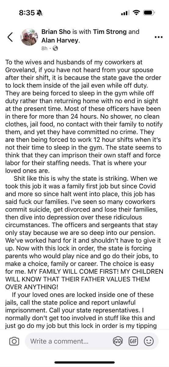 BrutallyH78's tweet photo. PLEASE SHARE ☎️🧰🖥️

Why isn’t she fixing the prison problem. New York is force ably  locking the prison guards in the prison and not letting them leave after there shift. Forcing them to stay in the gym until the next shift 

25 prison have guards on strike. Not for money. For there safety. Nothing is being done!!!

This is from a NY prison guard