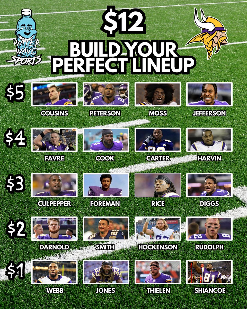 Build your perfect Minnesota Vikings lineup with $12! You need: 1QB, 1RB and 2 WR/TE 👀
Who are you choosing?