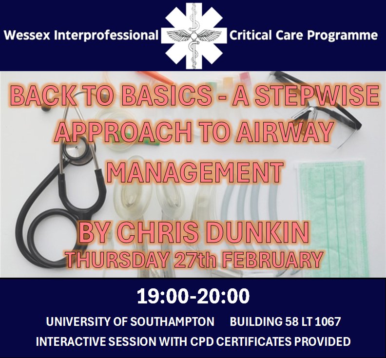 Lecture announcement! 
Come along to our next lecture on airway management, led by paramedic Chris Dunkin. Taking place at Southampton Uni (58/1067) on Thursday 27th February at 1900. Any healthcare students or HCPs welcome and CPD certificates on attendance. See you there! 🚑🩺