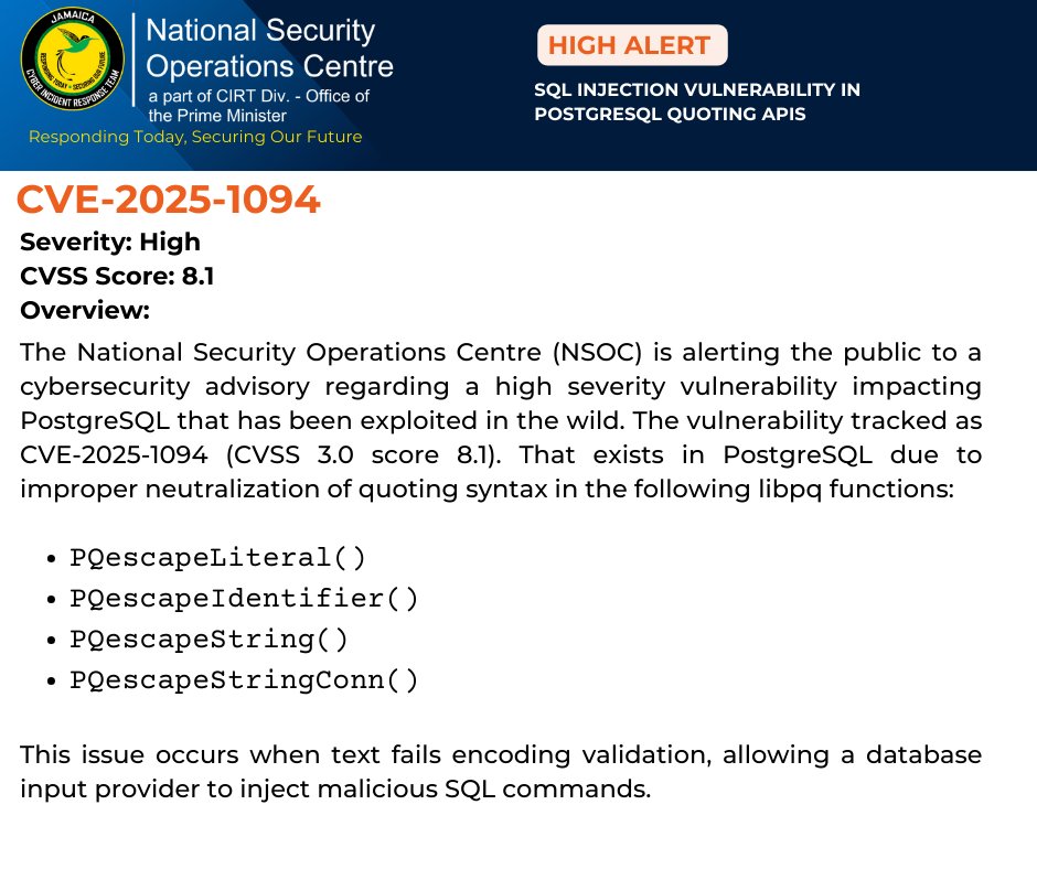 cirtgovjm's tweet image. Alert ! 🚨A high-severity vulnerability (CVE-2025-1094, CVSS 8.1) in PostgreSQL, due to improper quoting syntax in several libpq functions, is actively being exploited—update your systems immediately!  #CyberSecurity #PostgreSQL #VulnerabilityAlert