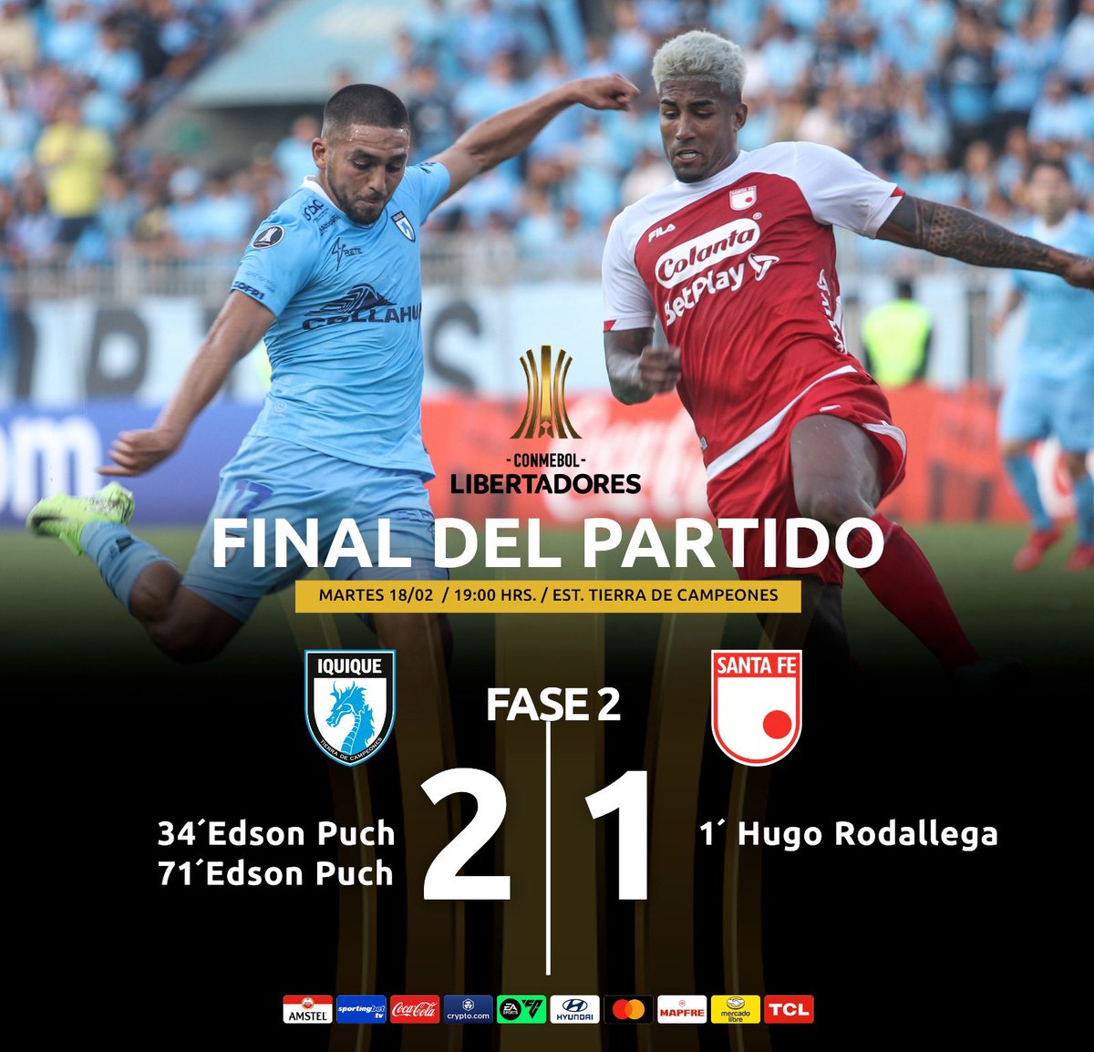 ¡FINAL! Sumamos un valioso triunfo en casa en el primer partido de la llave por Fase 2 de CONMEBOL Libertadores.

Edson Puch anotó ambos goles. 

#VamosDragones🐲