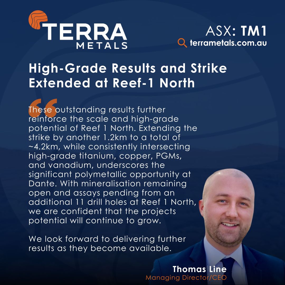 🚀 #TM1 Extends Reef 1 North to 4.2km &amp; Growing!

New drilling confirms high-grade TiO₂, Cu, PGMs &amp; V₂O₅ over full strike, with 24 assays pending.

✅ URC055 – 6m @ 16.9% TiO₂, 1.02g/t PGE₃, 0.22% Cu, 0.69% V₂O₅
✅ URC062 – 9m @ 17.6% TiO₂, 0.62g/t PGE₃, 0.24% Cu