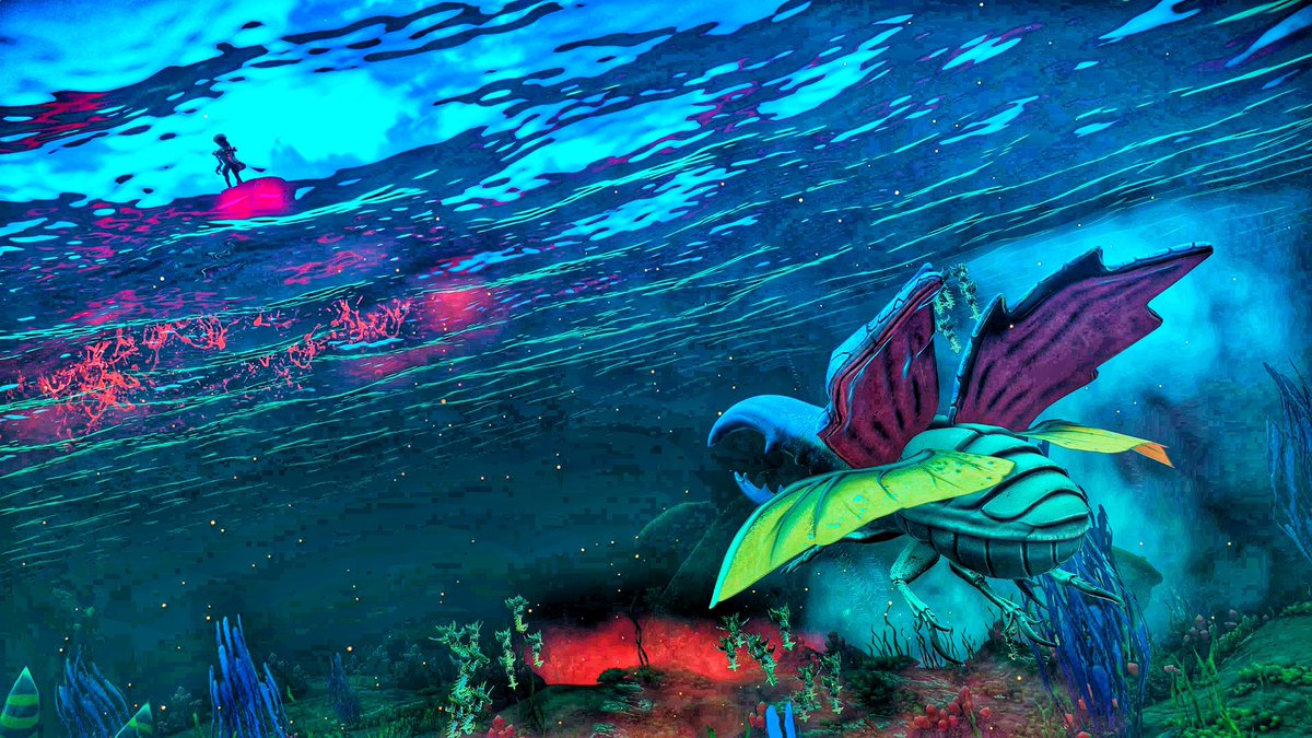 I don’t have the heart to tell him that he’s not an classified as “underwater fauna” 🫣 Swim on lil buddy 🪲 🌊 
—
<a href="/NoMansSky/">Sean Murray</a> <a href="/hellogames/">Hello Games</a> 
#NoMansSky #NoMansSkyWorldsPt2 #VirtualPhotography