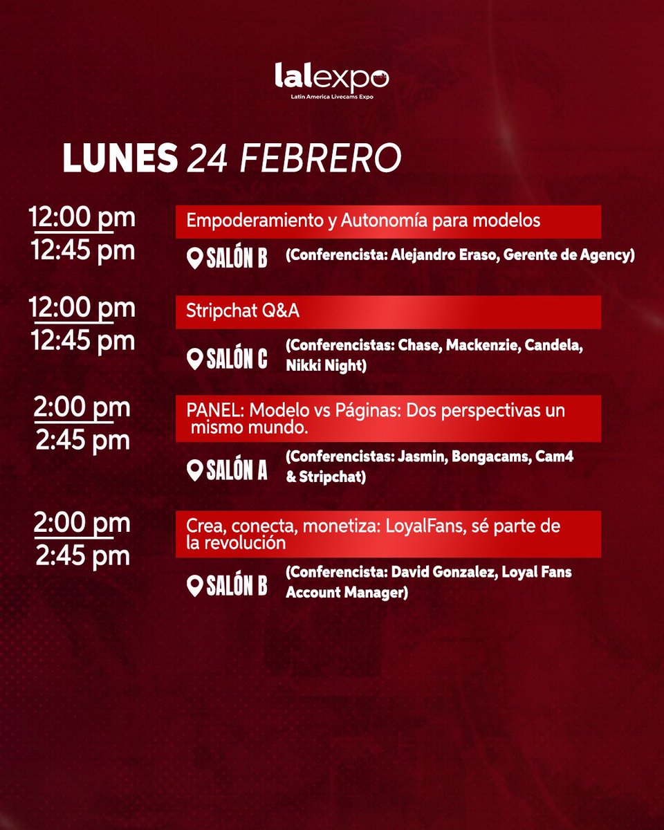PROGRAMACIÓN OFICIAL 24 FEBRERO🙌🏼
Toda nuestra programación está en nuestra página web.
lalexpo.com
