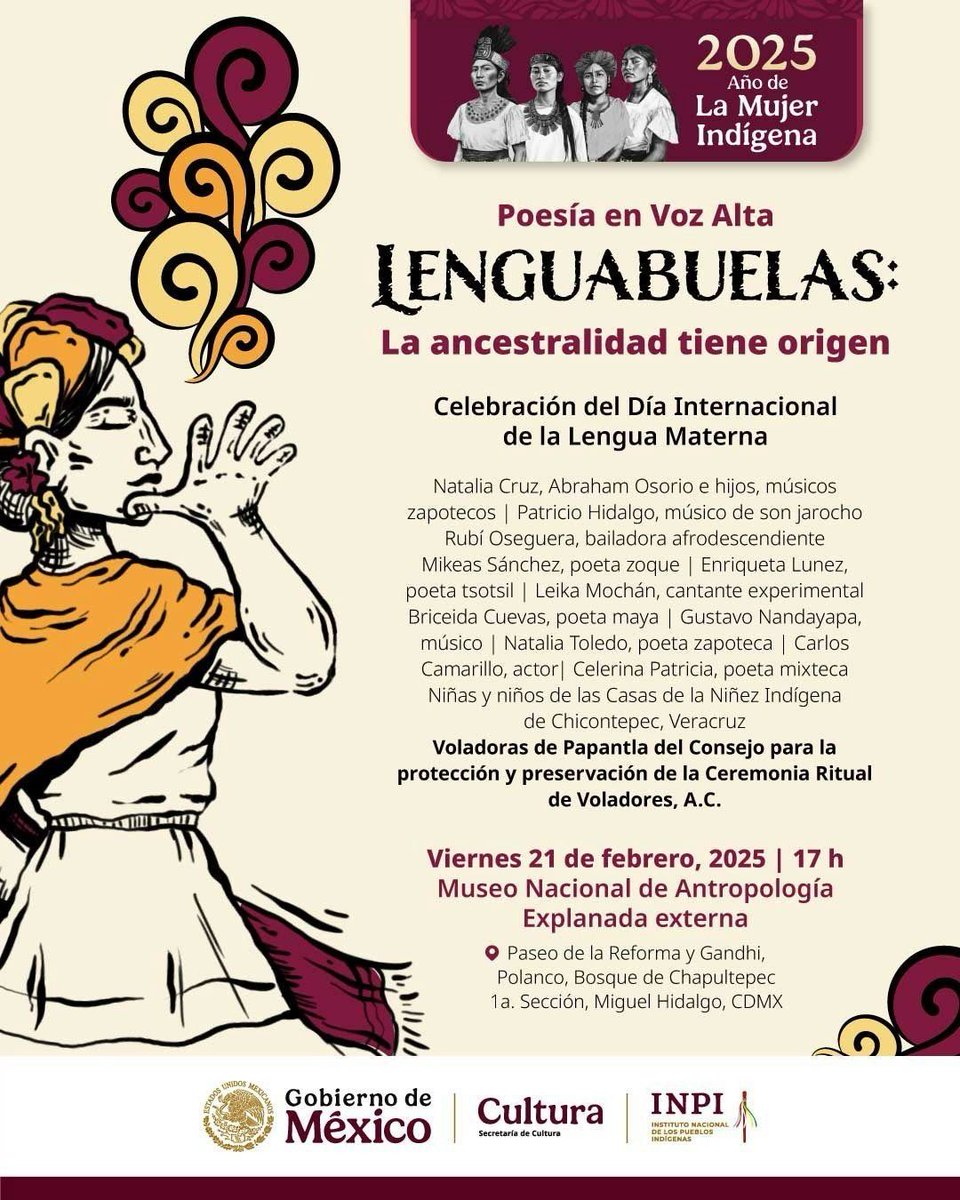 🗣Poesía en voz alta. Lenguabuelas: la ancestralidad tiene origen.

Celebra el Día Internacional de la Lengua Materna.

🗓Viernes 21 de febrero, 17 h

📌Explanada externa del Museo Nacional de Antropología.