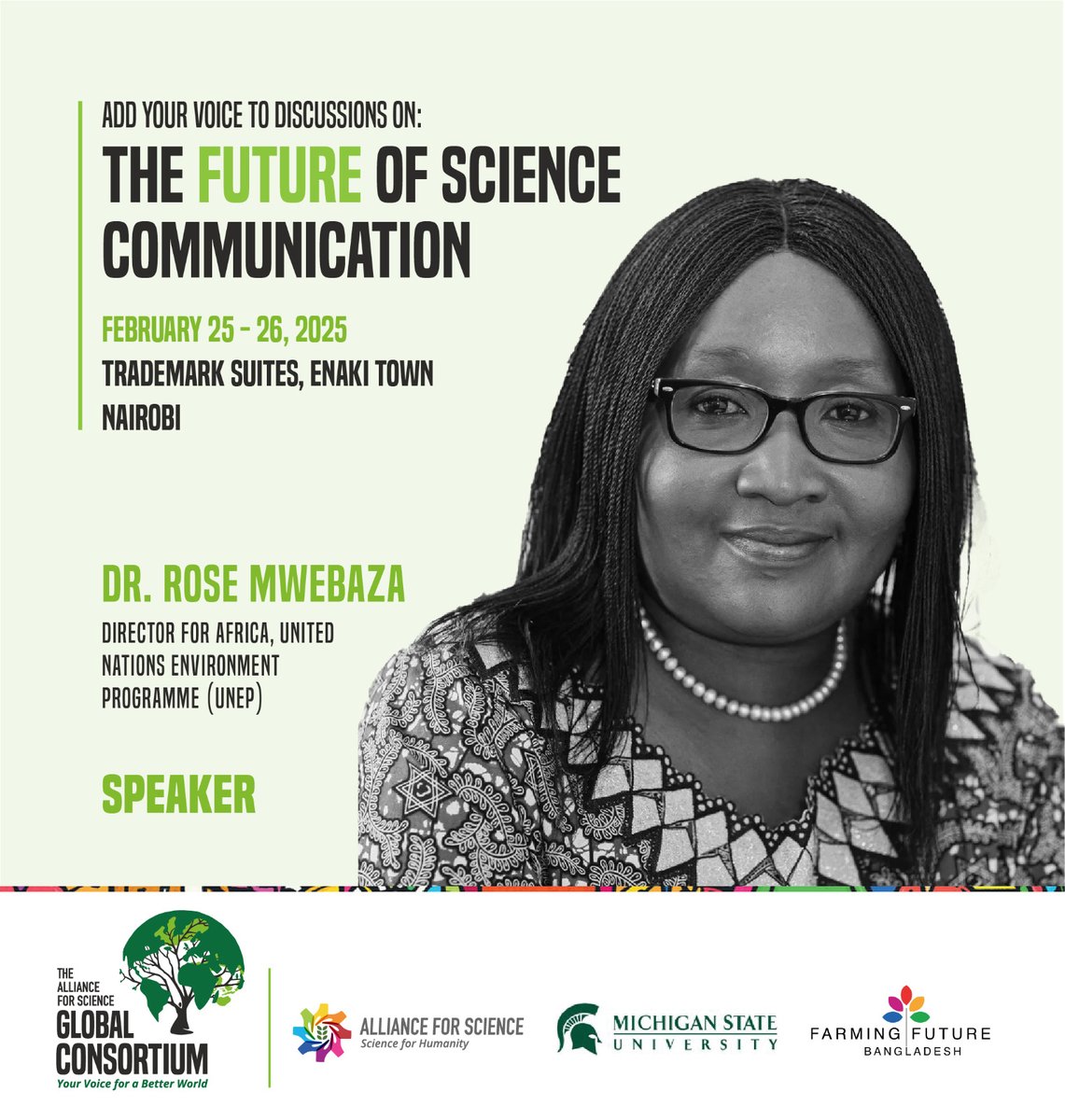 Alliance for Science (@scienceally) on Twitter photo Join Dr. <a href="/RoseMwebaza/">Dr. RMwebaza</a> , Director for Africa at <a href="/UNEP/">UN Environment Programme</a>, as she takes the stage at The Future of Science Communication Conference to explore how science can drive sustainable solutions for Africa. Are you ready? #GlobalChampions #FutureofScience <a href="/SheilaAfrica/">Dr. Sheila Obim (formerly Ochugboju)</a> <a href="/MumbaMusondam/">Dr. Musonda Xoliswa Mumba</a> Join Dr. <a href="/RoseMwebaza/">Dr. RMwebaza</a> , Director for Africa at <a href="/UNEP/">UN Environment Programme</a>, as she takes the stage at The Future of Science Communication Conference to explore how science can drive sustainable solutions for Africa. Are you ready? #GlobalChampions #FutureofScience <a href="/SheilaAfrica/">Dr. Sheila Obim (formerly Ochugboju)</a> <a href="/MumbaMusondam/">Dr. Musonda Xoliswa Mumba</a>