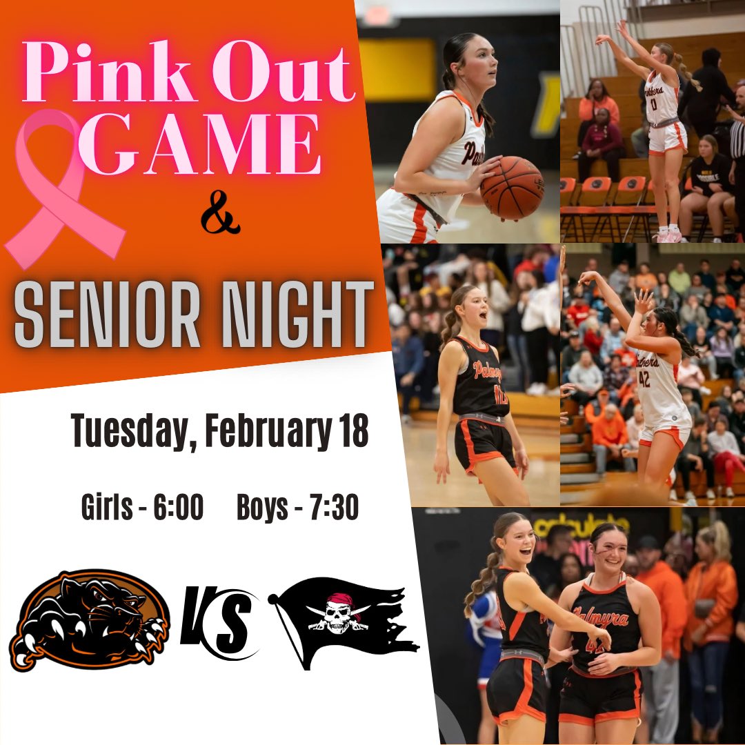 Let’s try this again… 

🚨🚨S•E•N•I•O•R   N•I•G•H•T🚨🚨

AND 

PINK OUT GAME🎗️💕

📍Palmyra, MO
📆 Tuesday, February 18
⏰ VG 6:00PM, VB 7:30PM
🆚 Hannibal High School

#wearepalmyra