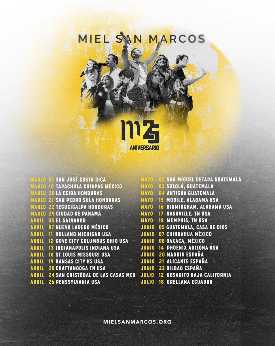 m25 🗓️ MARZO - JULIO 🔥

Estas son las ciudades que estaremos visitando Con el favor de Dios en el primer segmento del tour m25 (pronto anunciaremos las ciudades de Septiembre a Diciembre )  

#mielsanmarcos #m25