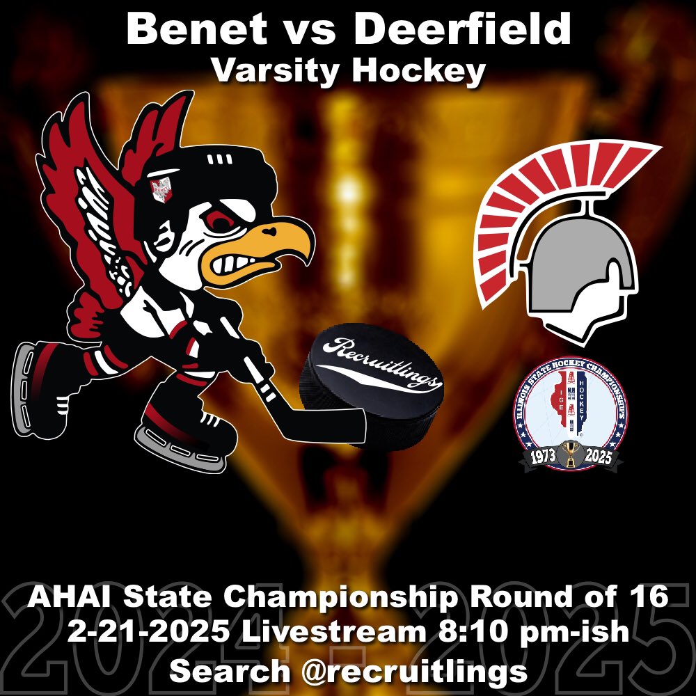 Benet Varsity Hockey postseason this week, Thursday and Friday. Watch live on the <a href="/Recruitlings/">Recruitlings</a> YouTube channel. Links to both games are in the bio.