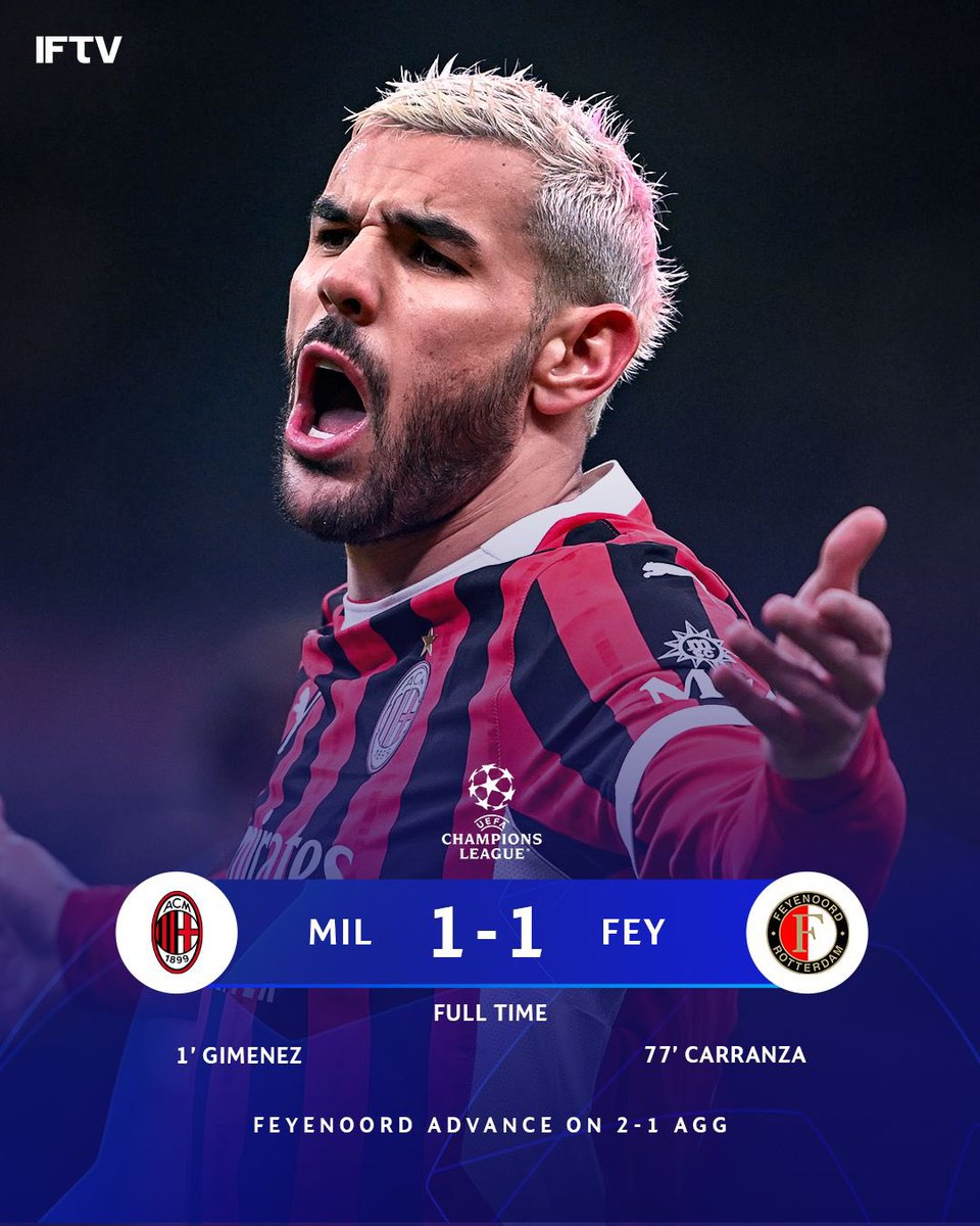 ❌ Milan are knocked out of Champions League…

Theo Hernandez’s second yellow for diving proved costly. What a shame.