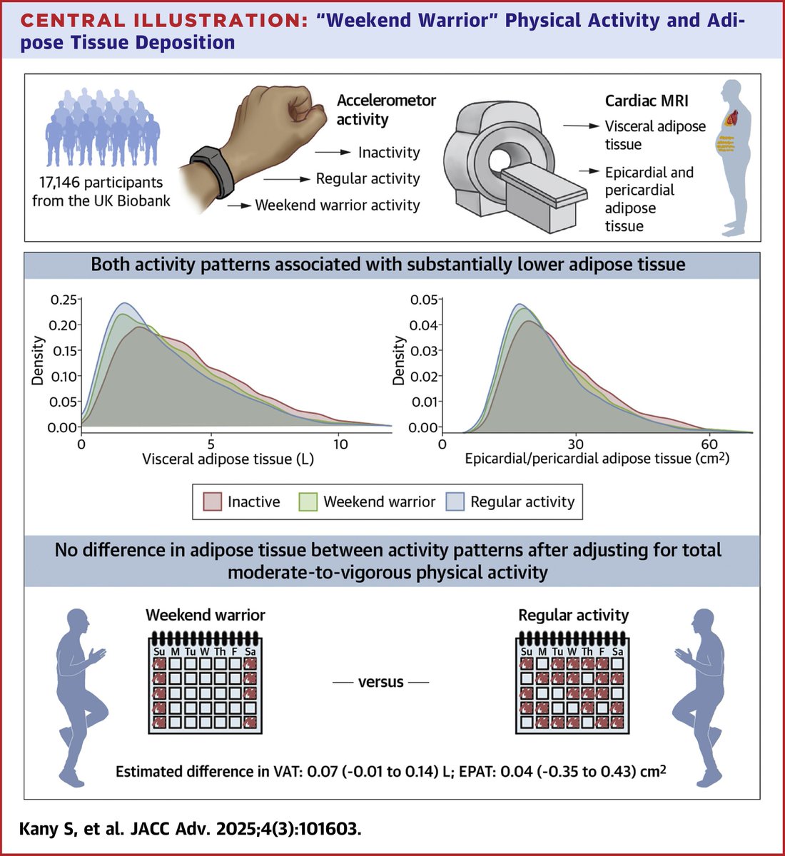 Shino Kany (@shinokany) on Twitter photo I am excited to share our latest study published <a href="/JACCJournals/">JACC Journals</a> Adv. We found that meeting guideline-recommended physical activity (PA) levels—whether as a “weekend warrior” or via regular activity—is linked to lower visceral and pericardial fat.
sciencedirect.com/science/articl… I am excited to share our latest study published <a href="/JACCJournals/">JACC Journals</a> Adv. We found that meeting guideline-recommended physical activity (PA) levels—whether as a “weekend warrior” or via regular activity—is linked to lower visceral and pericardial fat.
sciencedirect.com/science/articl…