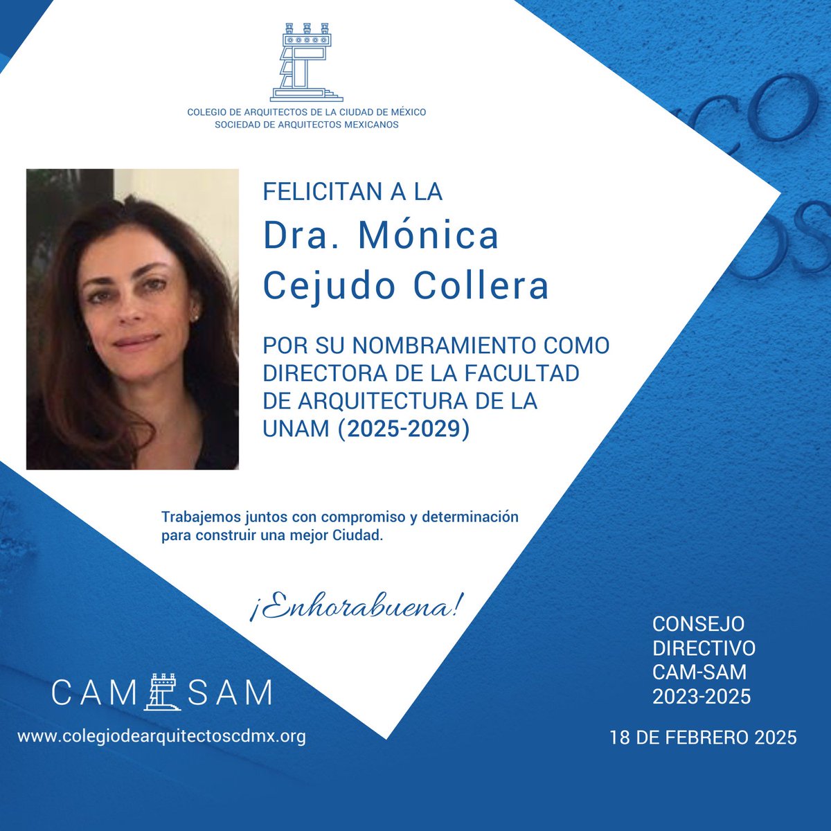 colegiodearqs's tweet photo. 🎉 ¡Felicidades, Dra. Mónica Cejudo Collera! 🎉
La comunidad #CAMSAM la felicita por su nombramiento como Directora de la @faunam_mx (2025-2029).
Le deseamos éxito en esta nueva etapa.
#FAUNAM #Arquitectura #Liderazgo https://t.co/5vWQtvmq15