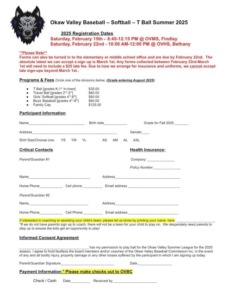 Don't miss your chance to play baseball/softball this summer! Check the attached form as the deadline is approaching quickly. #YNotOV