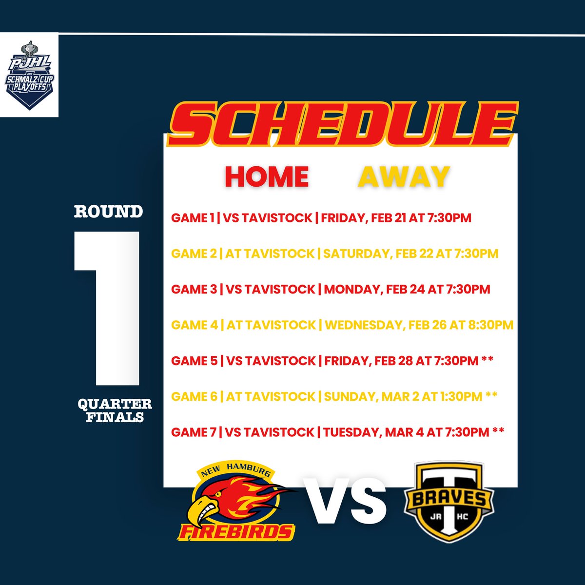 ROUND 1

Your New Hamburg Firebirds (2) will take on the Tavistock Braves (7) in the Doherty Division Quarter Finals. 

The schedule is set, and the team is ready to go. 

#RoadtotheSchmalz