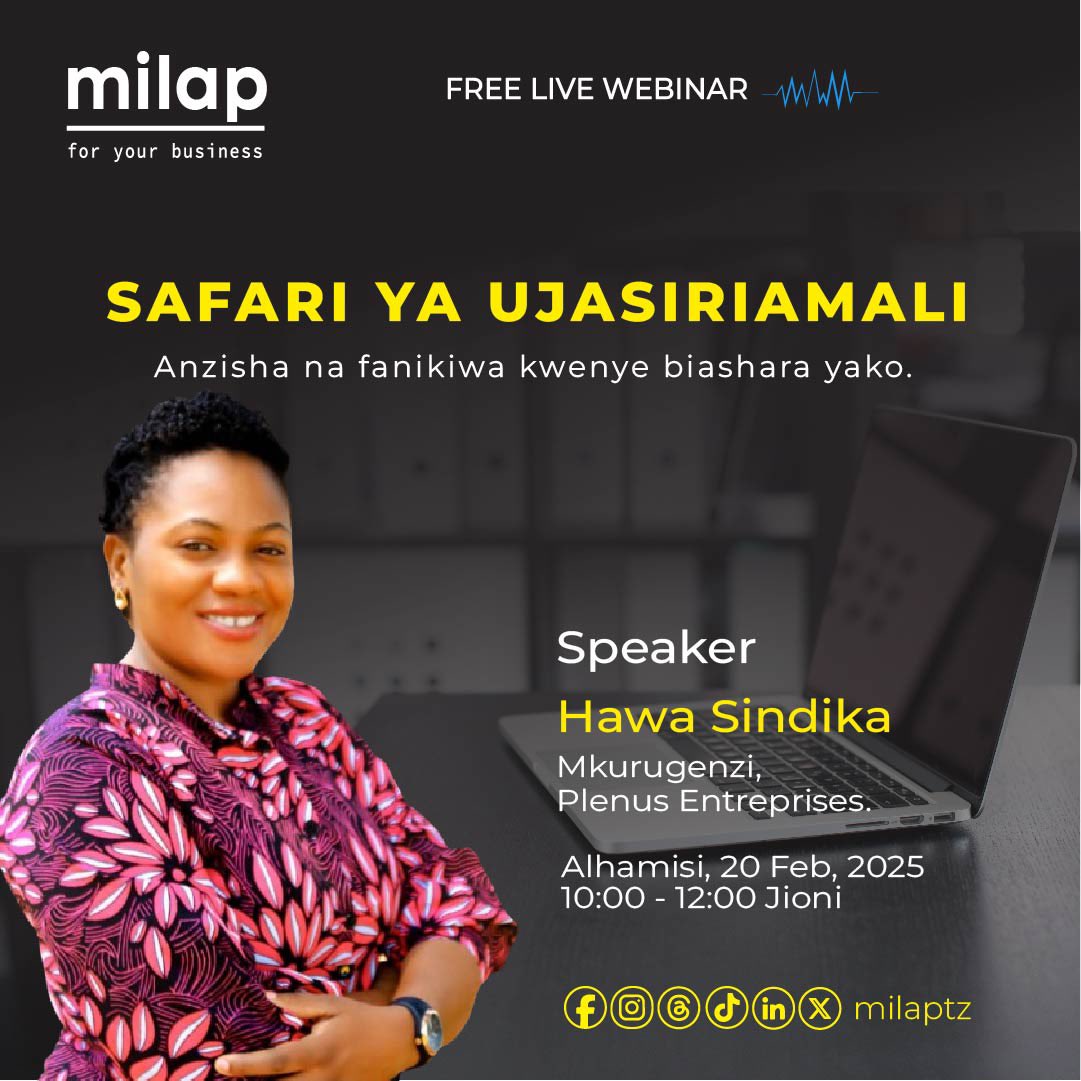 milaptz's tweet photo. Kutana na Hawa Sindika @HSindika atatupitisha hatua kwa hakua kwenye safari ya ujasiriamali.

Jisajili sasa: https://t.co/SKTxQyok2z

📅 Tarehe: 20 Februari 2025
⏰ Muda: Saa 10:00 - 12:00 jioni.
📍Zoom

#Usiogopekuanza #ujasiriamali #vijana https://t.co/RcLK6jmNTz