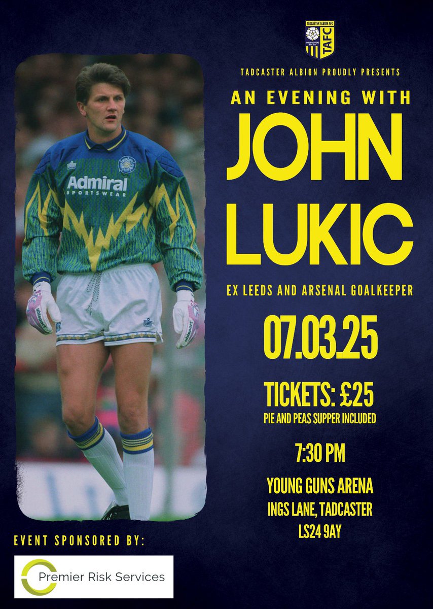 🎟️ Get Your Tickets Now!

An evening with John Lukic

Ex #LUFC and #arsenal goalkeeper will be at the <a href="/YoungGuns_FC/">Young Guns</a> arena on Friday 7th March

Events kindly sponsored by Premier Risk Service 

DM for tickets