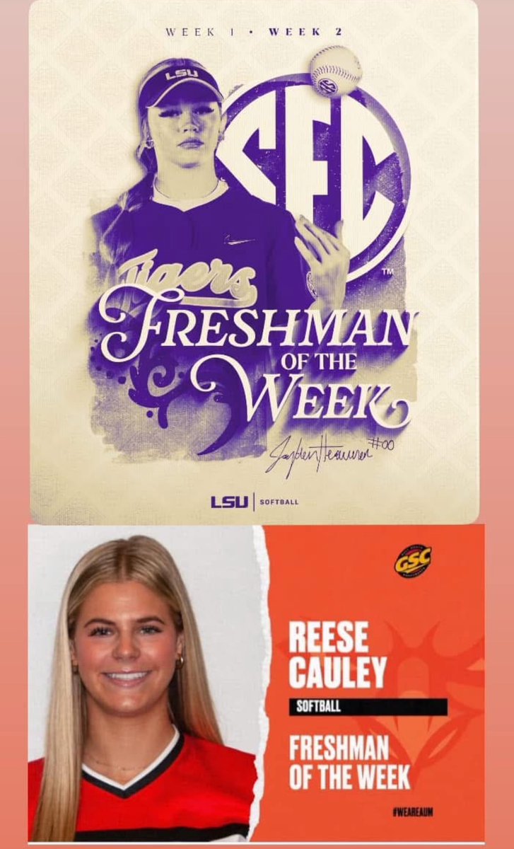 Congratulations to two of the most talented pitchers we were lucky to coach prior to entering college.. both awarded Freshman of the Week for their conferences.. 
Jayden Heavener (LSU) for the second week in a row.
Reese Cauley - Auburn Montgomery (AUM)
Keep spinning it girls and
